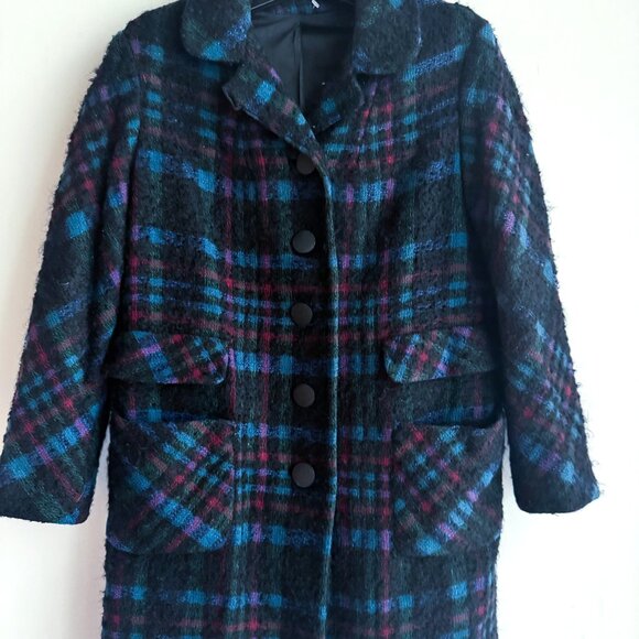 Vintage Wool Bouclé Black Blue Plaid Winter Coat S/M - Picture 4 of 6